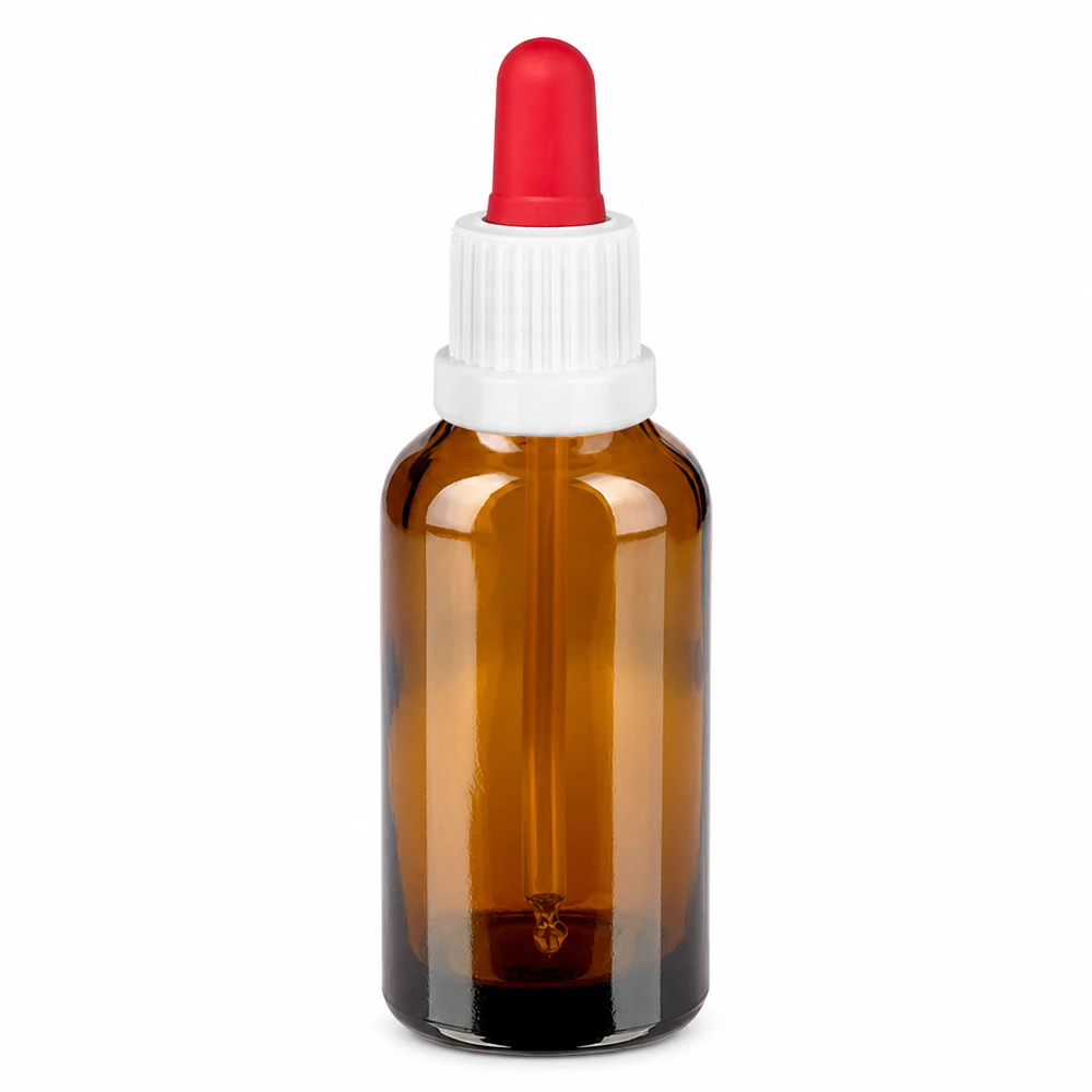 30ml pipetfles wit/rood OV BrownLine UT18/30 30ml apothekersflesje van UV-beschermend glas met witte dop en rode pipetpunt