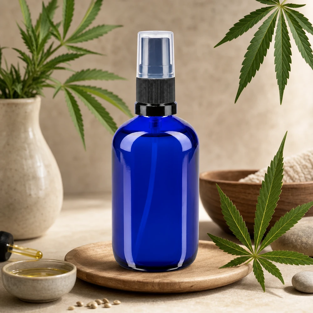 Kleine blauwe apothekerssprayfles van 100 ml met hennepzaad en etherische olie op een houten voetstuk