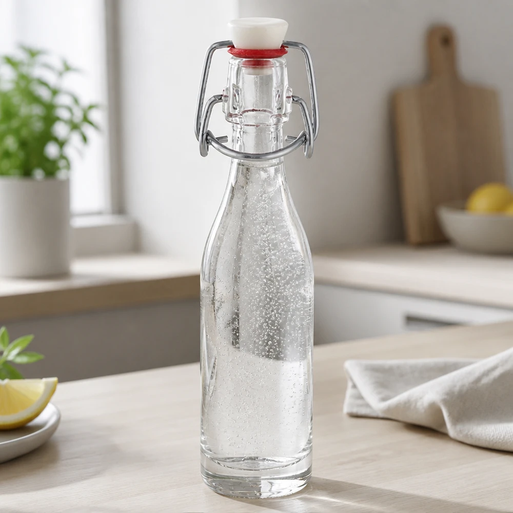 Glazen flesje 50ml + draaidop PVC UNiTWIST 50ml glazen fles met draaidop gevuld met water in een moderne keuken - praktisch dagelijks gebruik