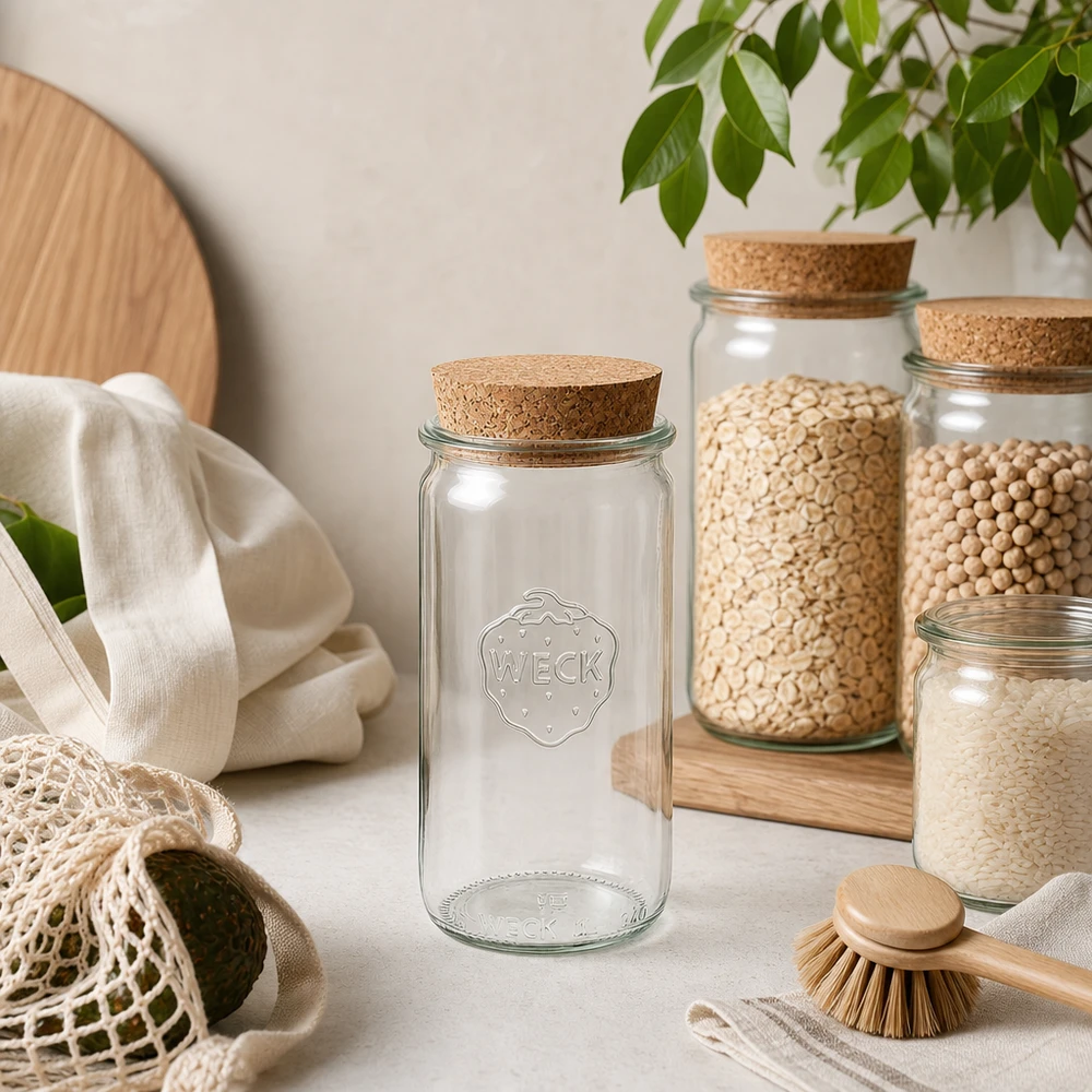 WECK cilinderpot 340ml RR60 met kurkdeksel in een natuurlijke keukenomgeving tussen voorraadpotten en textiel