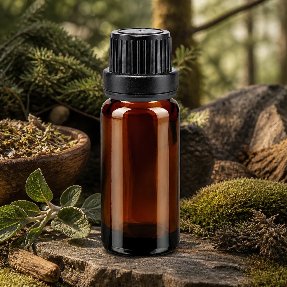 Bruine glazen fles 10ml met zwart druppelsluiting 2mm VR Bruinglazen druppelflesje van 10 ml met kindveilige OV-sluiting, tussen geneeskrachtige kruiden en stenen