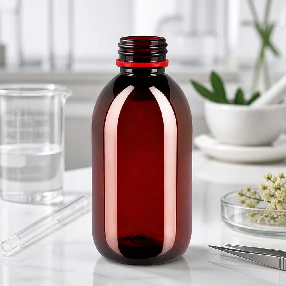 PET-fles 250ml met wit/rode dop OV Lichtbestendige fles van 250 ml, gemaakt van amberkleurig PET, met originaliteitssluiting voor farmaceutische producten