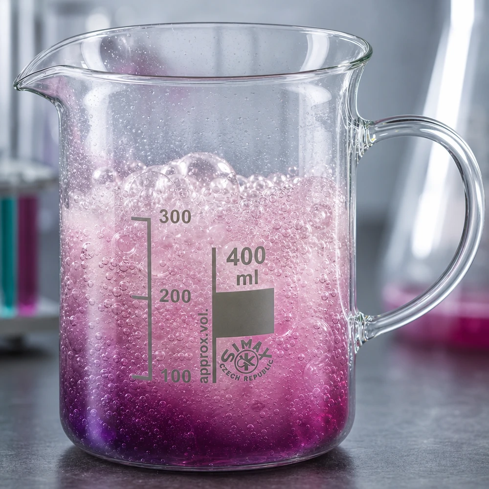 Doorzichtig bekerglas van 400 ml met handvat en bruisende roze vloeistof, gemaakt van borosilicaatglas