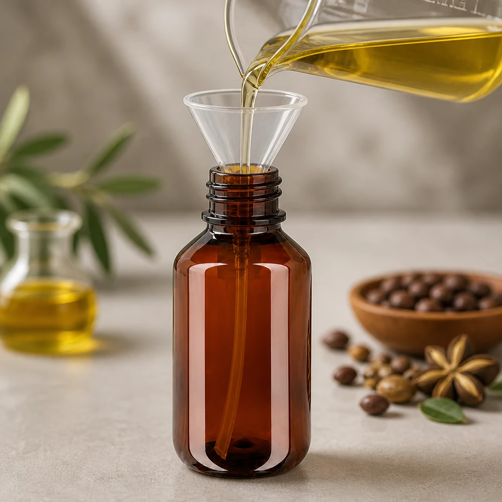 Bouteille PET 100ml avec pompe distributrice noire Lichtbescherming dankzij een amberkleurige PET-fles van 100 ml met pompje, ideaal voor gevoelige natuurlijke oliën