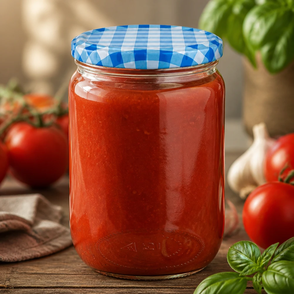 Inmaken met UNiTWIST 555 ml rond glazen pot met BasicSeal-deksel in blauw-wit ruitjespatroon: tomatensaus