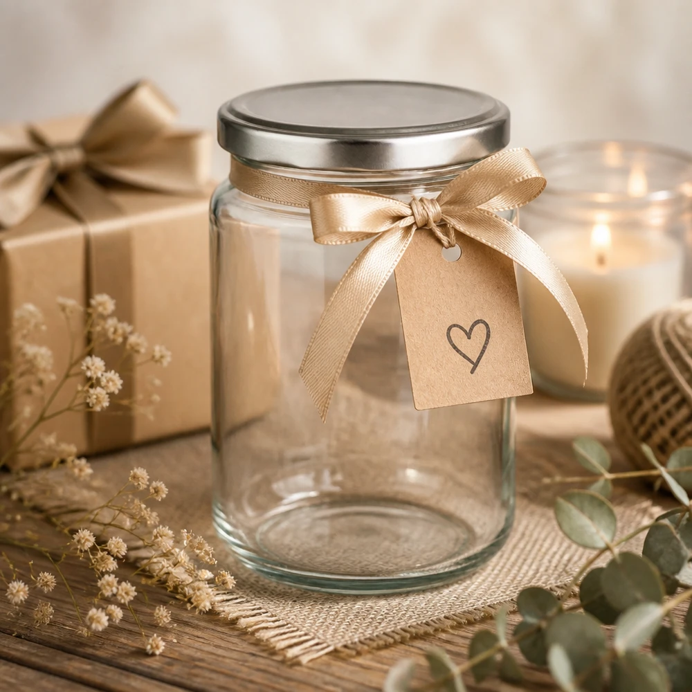 382 ml ronde pot met zilveren deksel decoratief ingericht met lint hart hanger inmaakpot cadeau idee