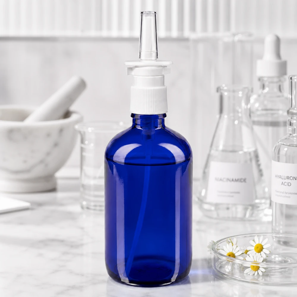 Cilindrische neussprayfles van 100 ml van blauw glas met een wit pompmechanisme in een laboratoriumomgeving