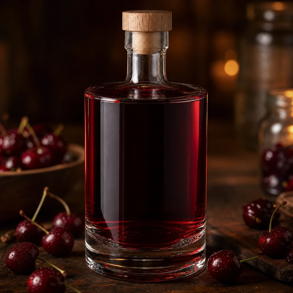 500 ml glazen fles 500ml Glasflasche "Marie" mit Holzgriff-Korken UNiTWIST met houten handgreep UNiTWIST® 500ml glazen fles Marie gevuld met rode kersenlikeur - houten kurk - Lifestyle productfoto met kersen