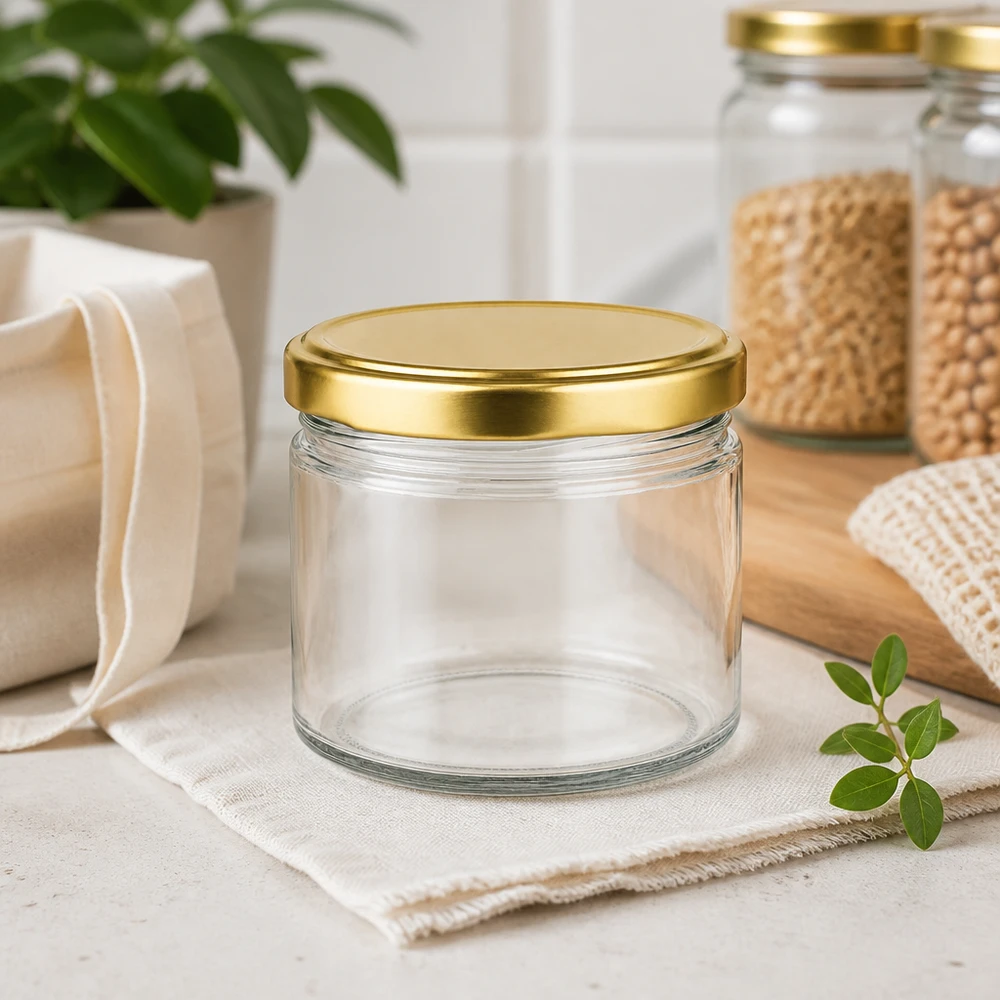 540ml ronde pot met gouden BasicSeal deksel leeg in duurzame keukendecoratie met natuurlijke vezels en planten