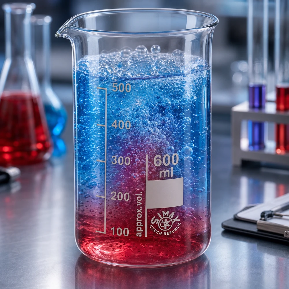 Laboratoriumbeker van 600 ml, hoog model, met schuimende vloeistof tussen de Erlenmeyer-kolf en de reageerbuisjes