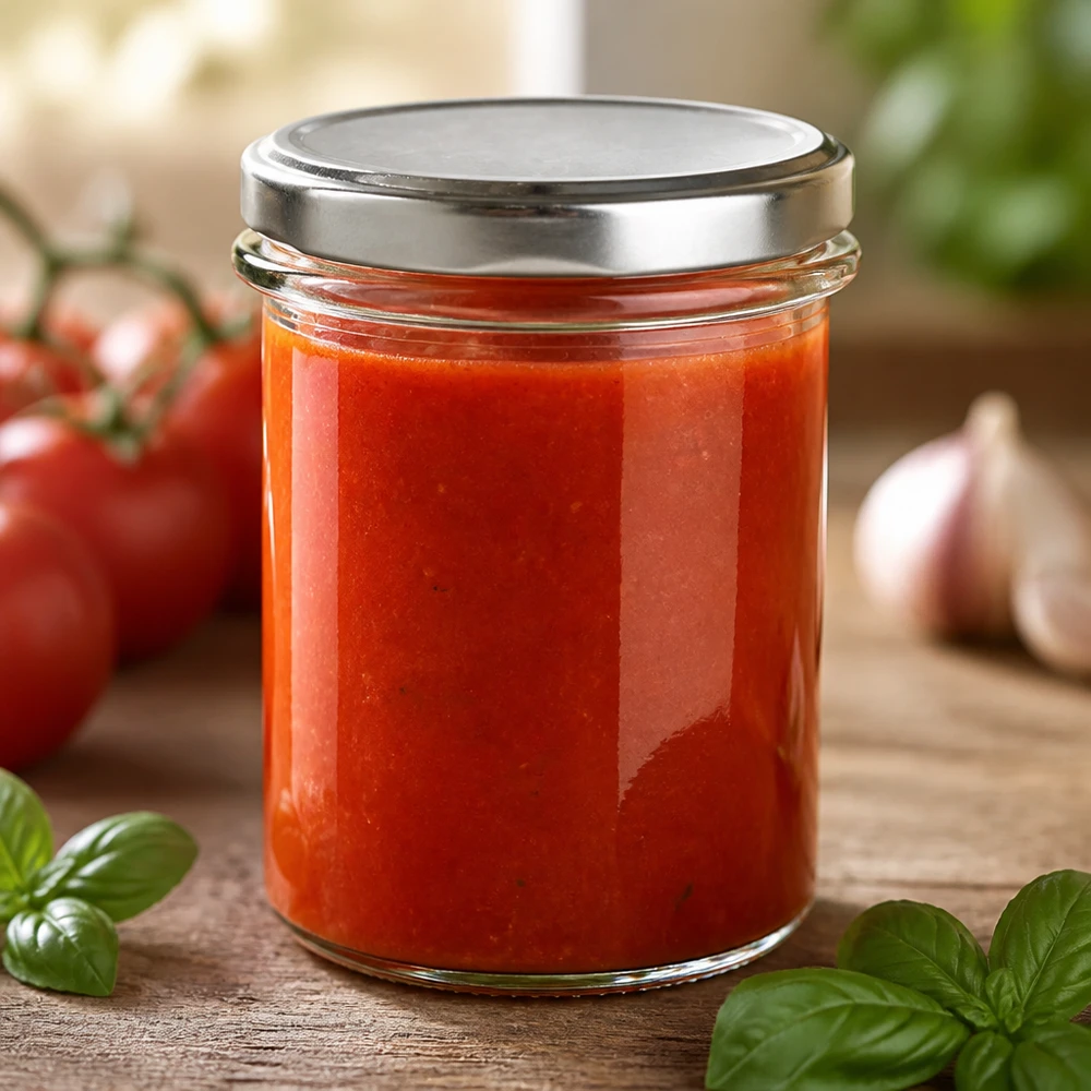 214 ml rond glas + BasicSeal-deksel zilver UNiTWIST UNiTWIST ronde glazen pot van 214 ml met zilveren BasicSeal-deksel, perfect voor lang houdbare tomatensauzen en passata