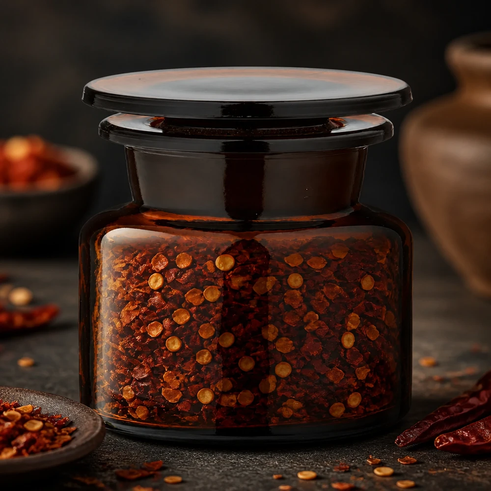 Compact kruidenpotje van 50 ml van bruin glas, voorzien van een glazen deksel en gevuld met rode chilivlokken
