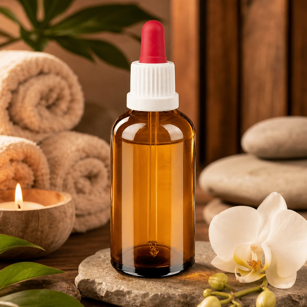 Klein 50ml pipetflesje van UV-beschermend amberkleurig glas met gekleurd druppeltipje voor aromatherapie