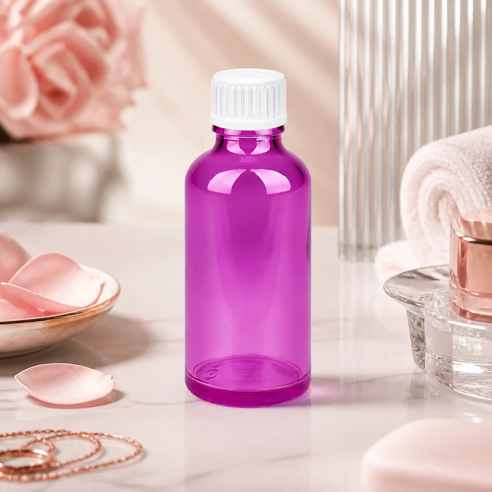 50ml (bol)fles 3mm schenkring wit Standaard PurpleLine. UT18/50 Robuuste glazen fles van 50 ml met UV-bescherming in violet voor gevoelige natuurlijke cosmetische formules