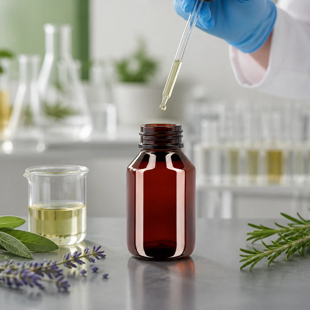 50 ml PET medicijnfles met verstuiver zwart GCMI 28/410 incl. dop transparant, standaard PET-flesje van 50 ml, bruin met blauwe buitenverpakking, geschikt voor kruidenextracten en plantenextracten