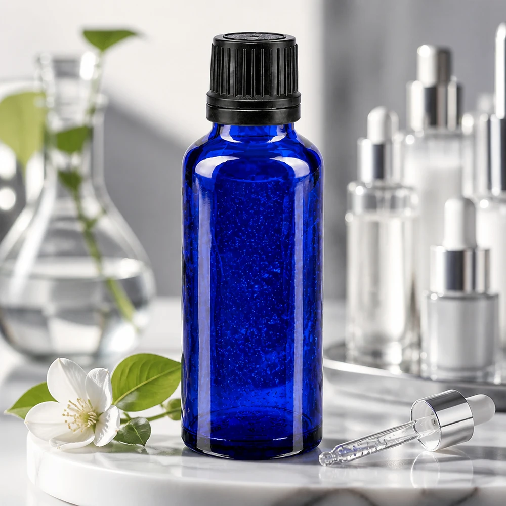 Hoogwaardig blauw glazen flesje van 30 ml met zwarte veiligheidsdop voor etherische oliën