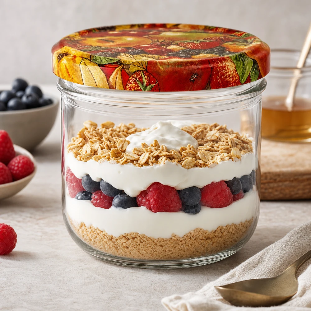 260ml bekers fruit decor als dessertglas met yoghurt bessen en granola gelaagd dessert op keukenblad