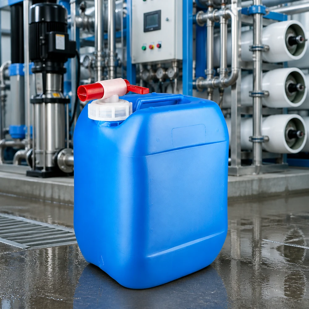 Voedselveilige jerrycan van 10 liter met schroefdop en doseerkraan, in het blauw