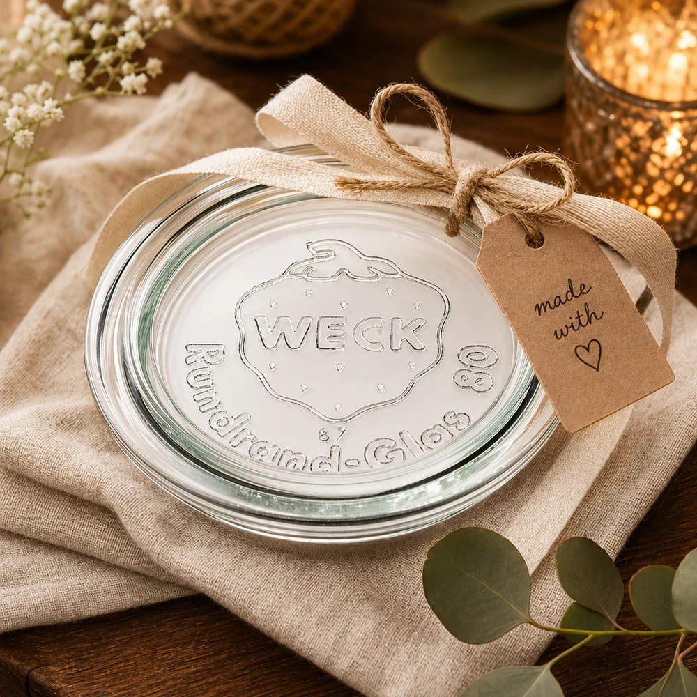 WECK potdeksel RR80 geschenkverpakking met jute lint en tag made with love gedecoreerd op linnen doek