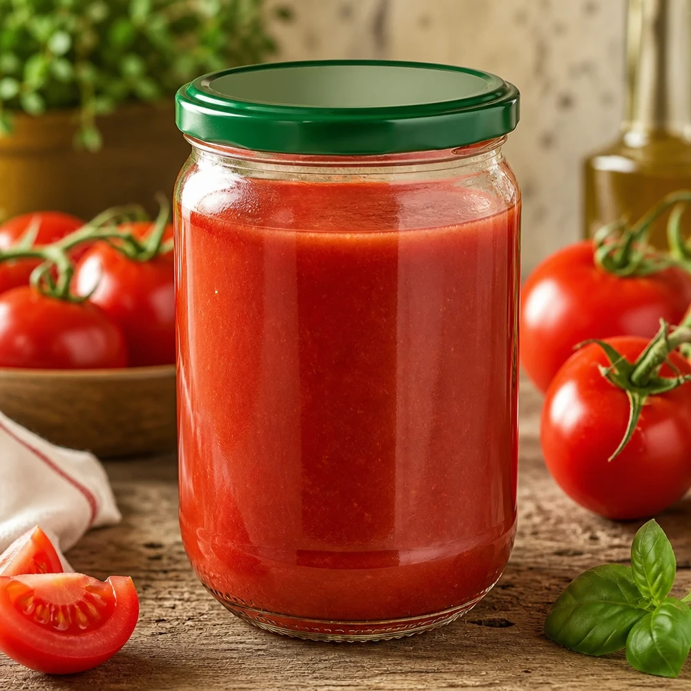 555 ml rond glas + BasicSeal-deksel groen UNiTWIST UNiTWIST ronde glazen pot van 555 ml met groene deksel, gevuld met rode tomatenpassata naast verse ingrediënten