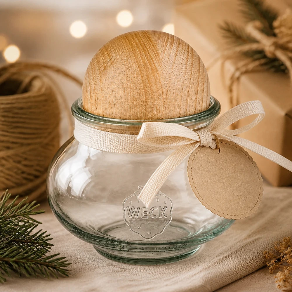 560ml juwelenglas WECK RR80 met houten bal WECK inmaakpot 560ml RR80 houten bal beuken geschenkverpakking strik kerstdecoratie feestelijke presentatie