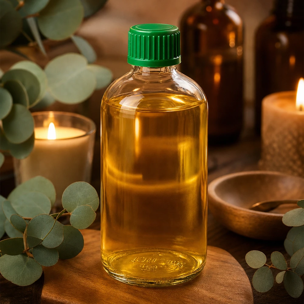 100ml druppelflesje 0.8mm groen STD ClearLine UT18/100 ClearLine-druppelfles van 100 ml met goudkleurige olie, een groene dop en eucalyptustakjes op hout
