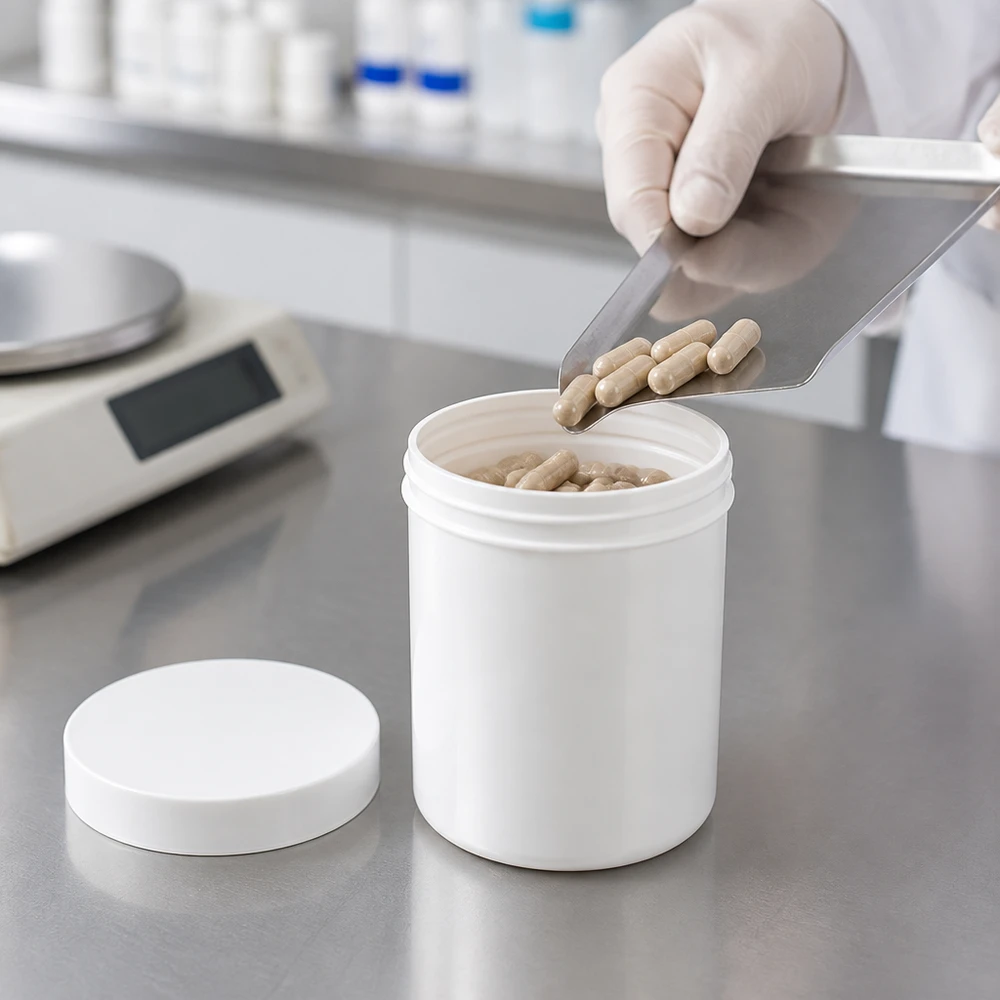 200 g kruik met brede hals van wit polypropyleen met een plat schroefdeksel voor farmaceutische afvulling