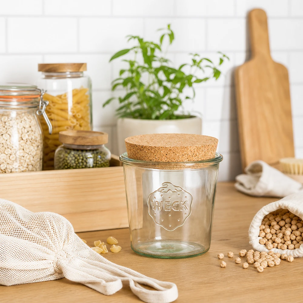 WECK voorraadpot 580ml RR100 met kurkdeksel in duurzame zero-waste keuken met stoffen zakken en peulvruchten