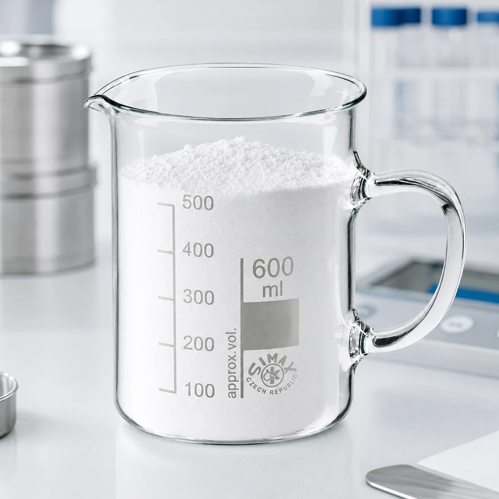 Maatbeker van glas, 600 ml, met handvat en schaalverdeling tot 500 ml, gevuld met wit poeder