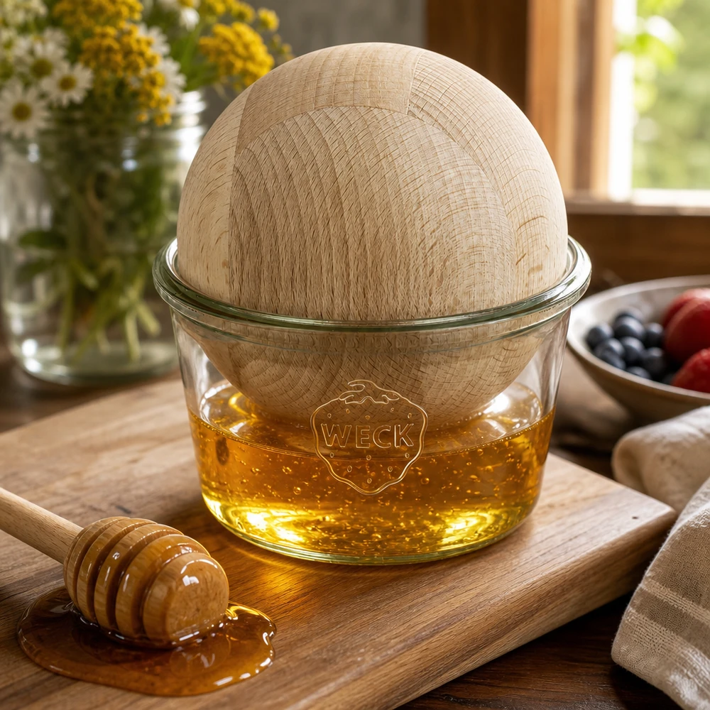 WECK 370ml pot als honingdispenser met beukenhouten bal op houten plank naast honinglepel natuurlijke keuken decoratie