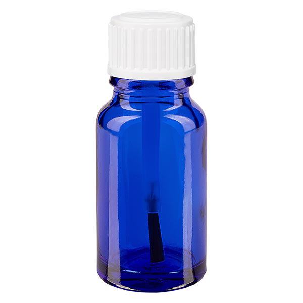 Blauwe glazen flessen 10ml, wit schroefsluiting met kwastje VR Blauwe glazen flessen 10ml, wit schroefsluiting met kwastje VR