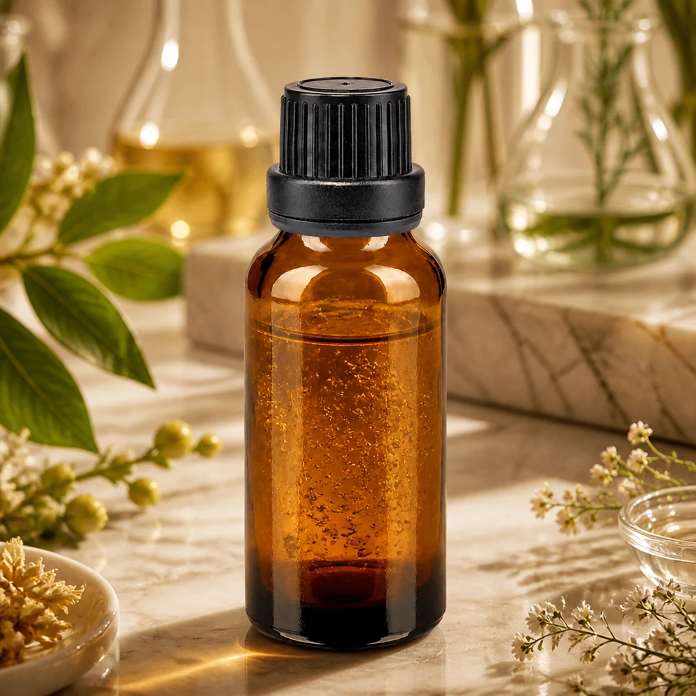 Bruine glazen fles 20ml met zwart schroefsluiting dicht. VR Bruin glazen flesje van 20 ml met lichtwerende bescherming en zwarte OV-sluiting voor gevoelige werkzame stoffen