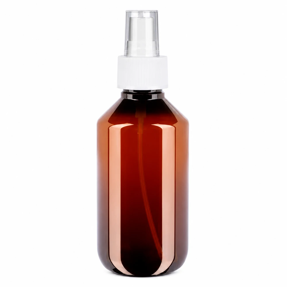 200 ml PET medicijnfles met verstuiver wit GCMI 28/410 incl. dop transparant, standaard Bernsteinfarbene 200ml Sprühflasche aus PET mit weissem Zerstäuberverschluss