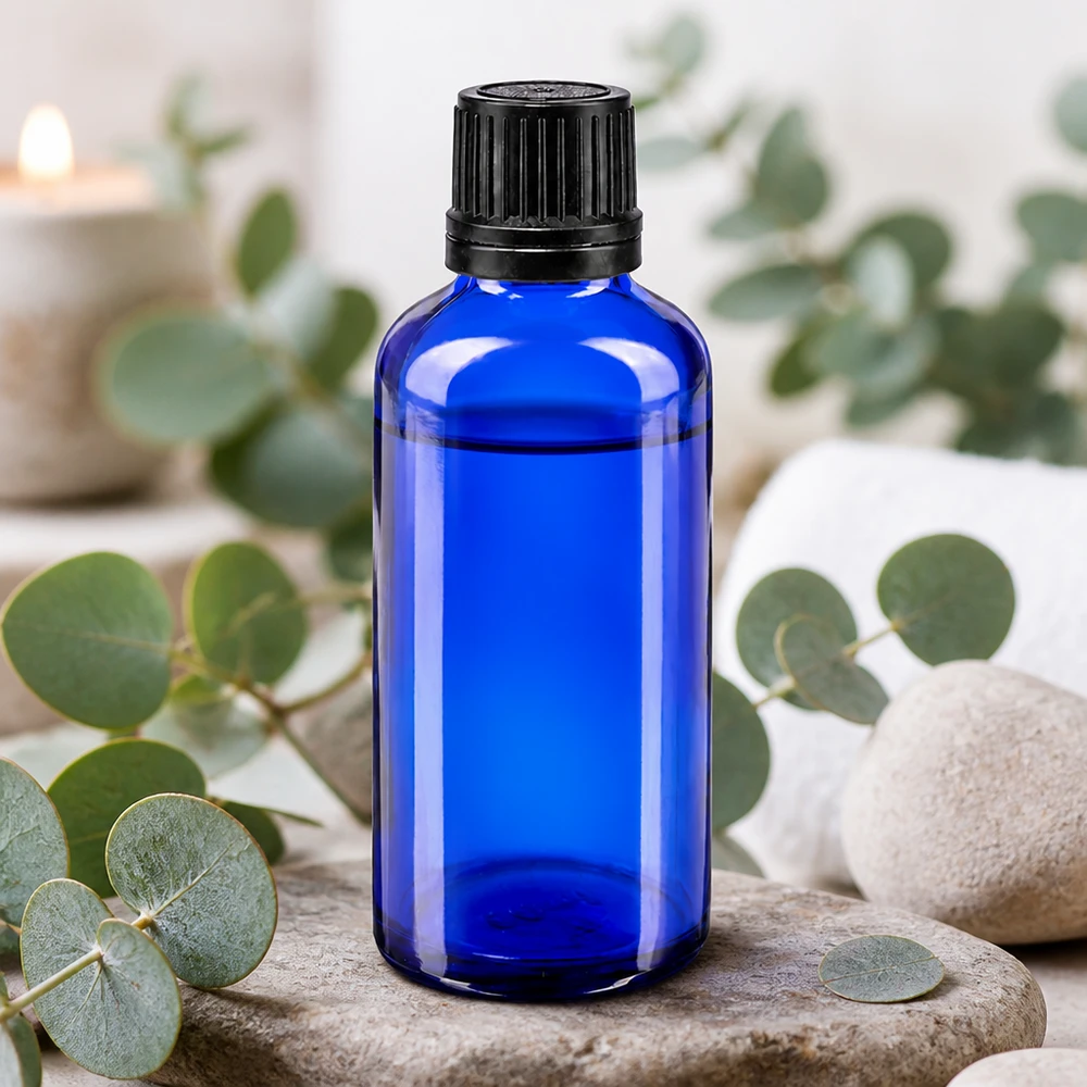 Blauwe glazen flessen 50ml met zwart druppelsluiting VR Blauw glazen flesje van 50 ml met nauwkeurige dosering en een druppelopening van 1 mm, voor laboratoriumtoepassingen en natuurlijke cosmetica