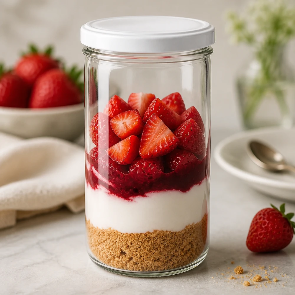 277 ml glazen pot gevuld met aardbeiendessert - gelaagd dessert in een inmaakpot met biscuitbodem en vers fruit