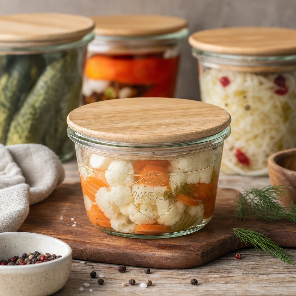 WECK-mini stortglas 50ml met hout deksel WECK mini mason jar 50ml gevuld met bloemkool en wortelen als inmaakpot met bamboe deksel op houten plank