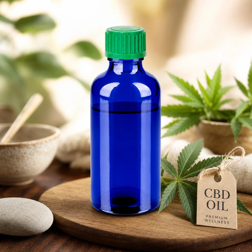 50ml Druppelflesje 0.8mm groen STD BlueLine UT18/50 UT18/50 druppelflacon van lichtbeschermd blauw glas voor UV-gevoelige actieve ingrediënten
