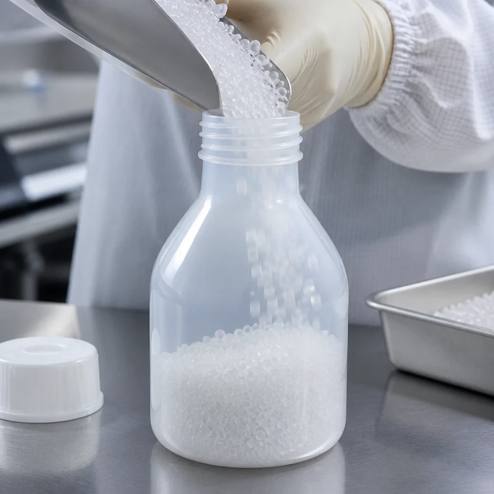 Nauwe hals laboratoriumfles 20ml met schroefsluiting PE-schroeffles van 20 ml met smalle hals, met beschermhandschoenen en roestvrijstalen schepje in een laboratoriumomgeving