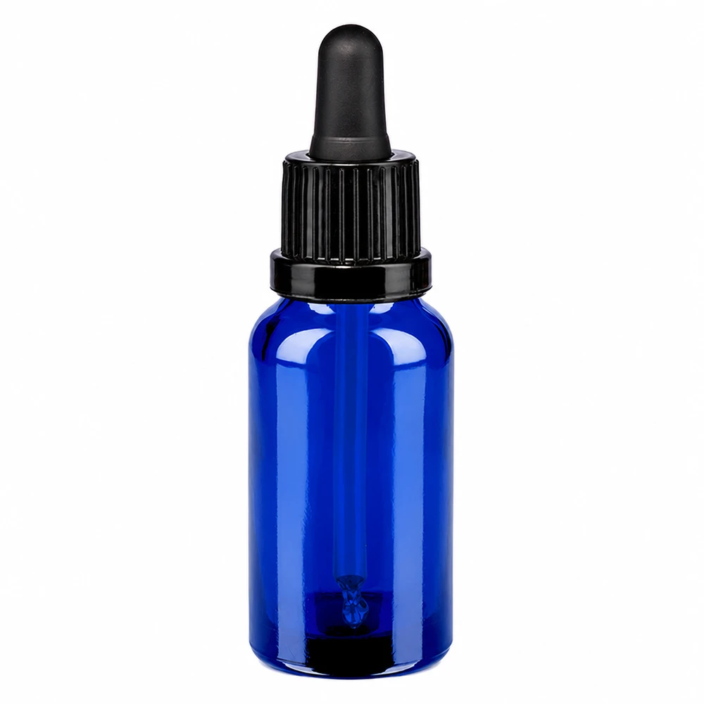 20ml pipetfles zwart OV BlueLine UT18/20 20ml blauw druppelflesje met zwarte pipet - UV-bescherming gegarandeerd door getint glas