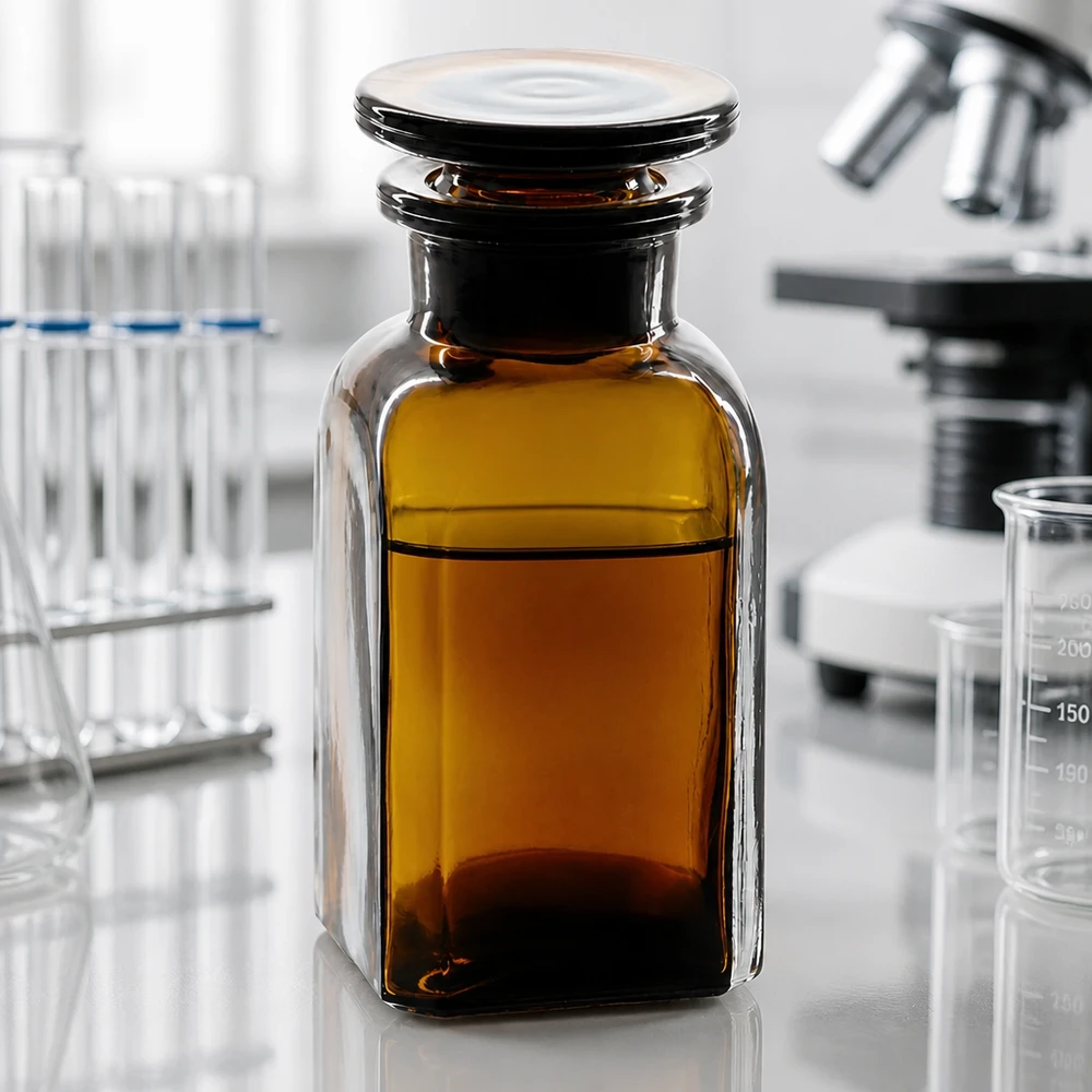 Amberkleurige vierkante fles van 100 ml, van borosilicaatglas, met geslepen stop, voor tincturen en extracten