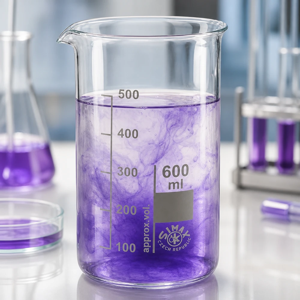 Een maatbeker van 600 ml, gemaakt van borosilicaatglas, met een schenktuit en een paarse oplossing tijdens het mengen