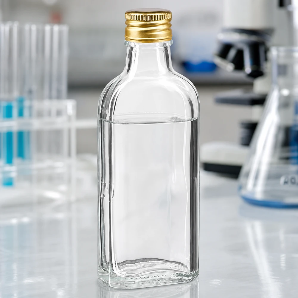 Compacte, doorzichtige, platte apothekersfles van 100 ml met gouden PP22-dop, voor wetenschappelijke toepassingen