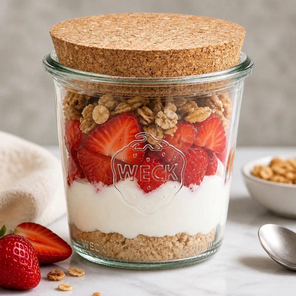 290ml stortglas hoge WECK RR80 met kurk WECK beker 290ml RR80 met kurkdeksel als dessertpot gevuld in lagen met aardbeien, yoghurt en noten
