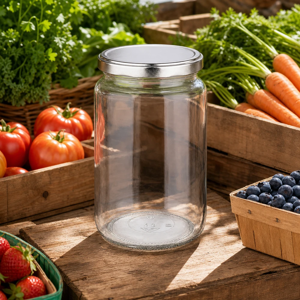 795 ml ronde pot met BasicSeal deksel in een rustieke buitenkeuken omringd door vers fruit en groenten