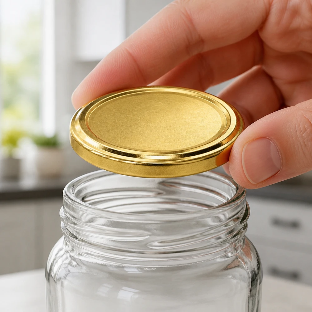 Vullen en afsluiten met een BasicSeal-deksel, goud, 63 mm, voor conservenpotten