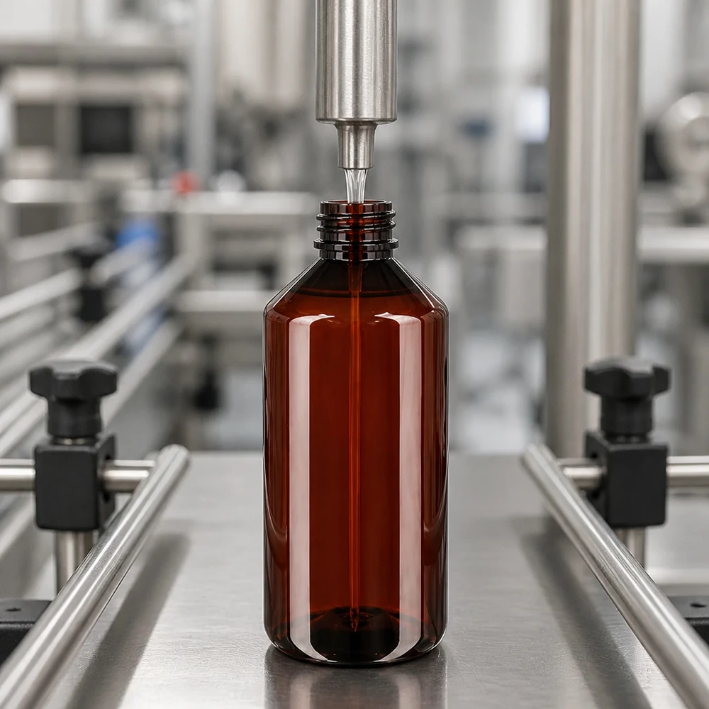 1000 ml PET medicijnfles met verstuiver zwart GCMI 28/410 incl. dop transparant, standaard Grote PET-fles van 1000 ml in amberkleur, machinaal afgevuld in de fabriek