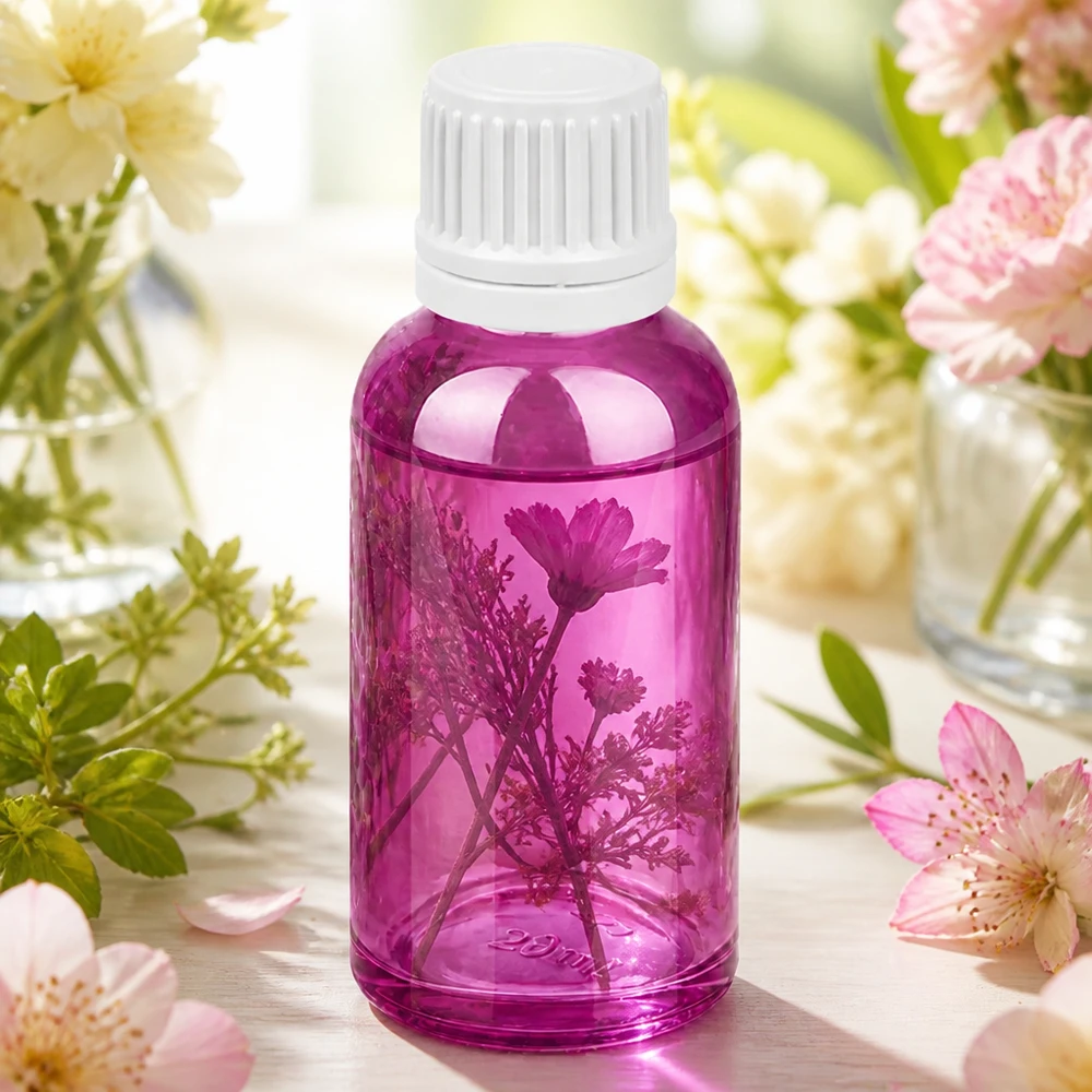 Robuust 30ml violet glazen flesje met witte dop, ideaal voor op reis en onderweg