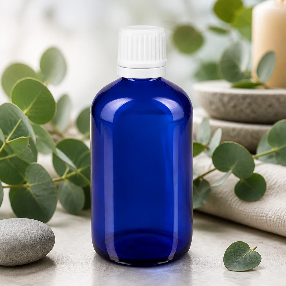 Kobaltblauwe glazen fles van 100 ml met kindveilige verzegeling in wit – natuurlijke cosmetica