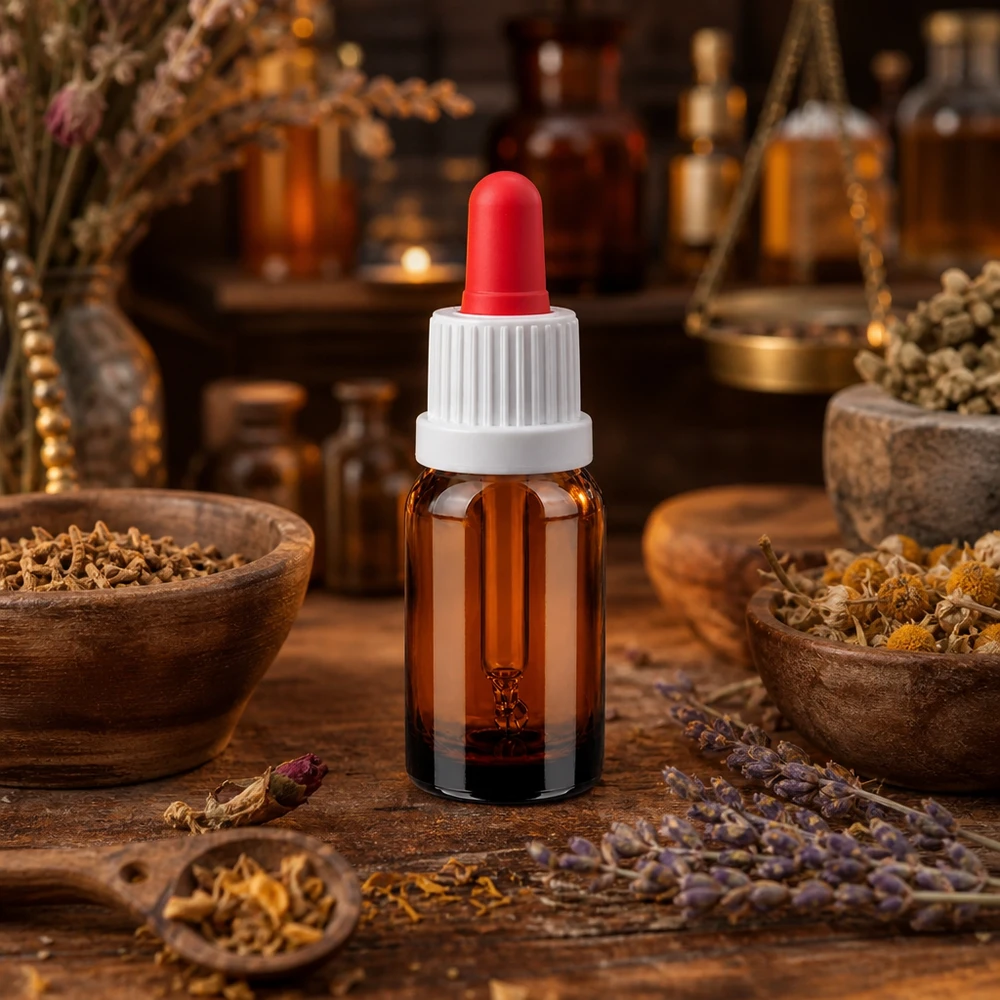 Klein pipetflesje van 10 ml met rode druppelaar, ideaal voor aromatherapie en natuurlijke remedies