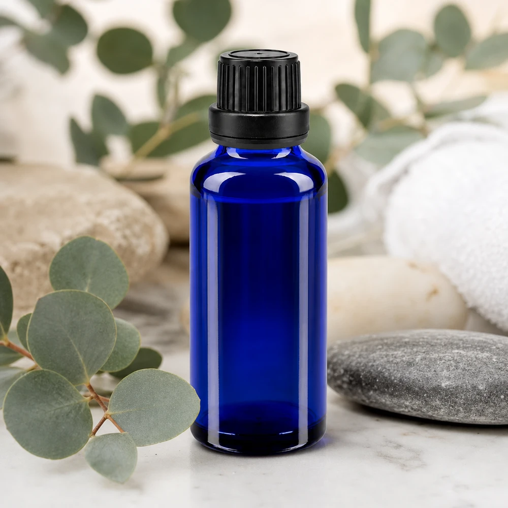 Apothekersflesje van 30 ml in blauw met een zwarte, fraudebestendige dop en een nauwkeurige druppelaar van 2 mm
